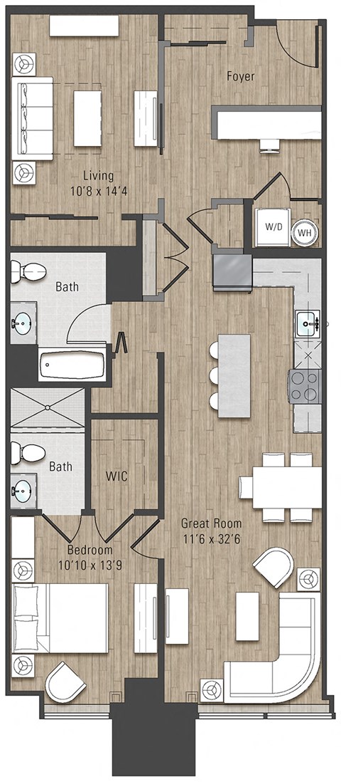 Floor plan for 2 beds, 2 baths, 1185 sqft